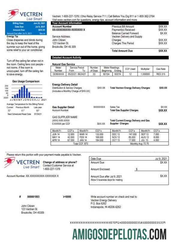 realista Modelo de conta de serviços públicos de energia Vectren dos EUA Ohio em formato Word e PDF